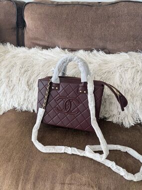 Quilted Wine Leather Crossbody Bag with Chain Strap